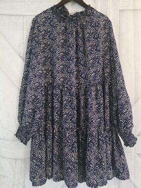 ChicSoul Navy Print Tiered Dress 2X Long Sleeve Boho Flowy